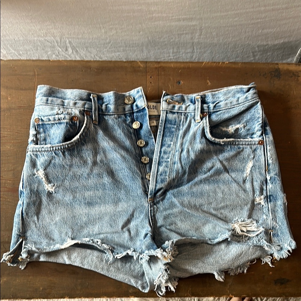 Agolde Jaden Distressed Denim Shorts - Light Blue 28